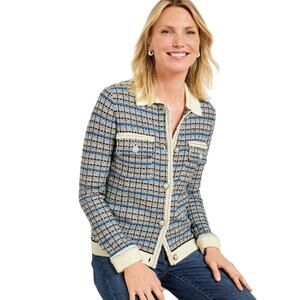 NEW Talbots Mademoiselle Plaid Cardigan Sweater Coatigan XL Pearl Chain Details